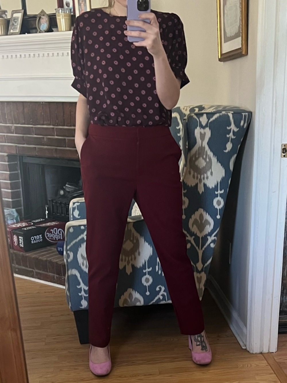 Ann Taylor Mixed Media Popover Plum Printed Short Sleeve Blouse - Picture 8 of 10